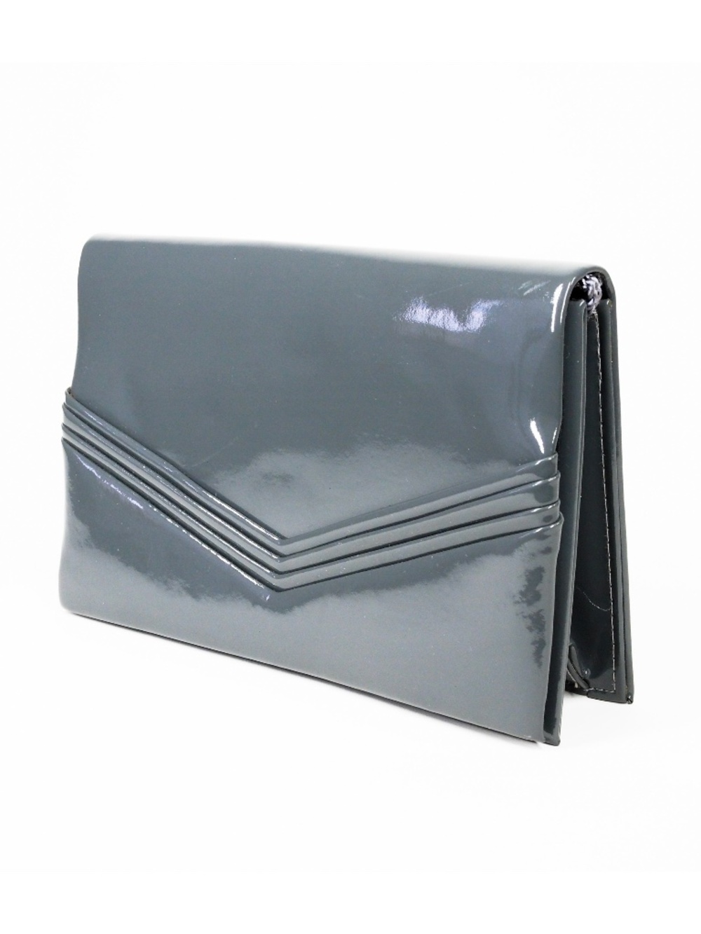Gray Patent Vintage 80s Handbag slate grey chevron sleek slim glossy new wave